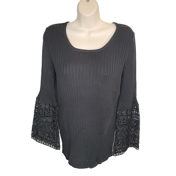 TRIBAL JEANS Black Crochet Embellished Sleeves Pullover Sweater Size G/L - Picture 9 of 11